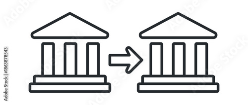 Illustration of two classical buildings with an arrow indicating transfer or movement between them.