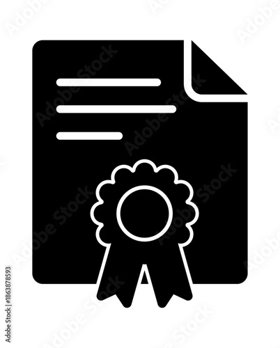 Black silhouette of a document with a ribbon seal, symbolizing accomplishment and certification.
