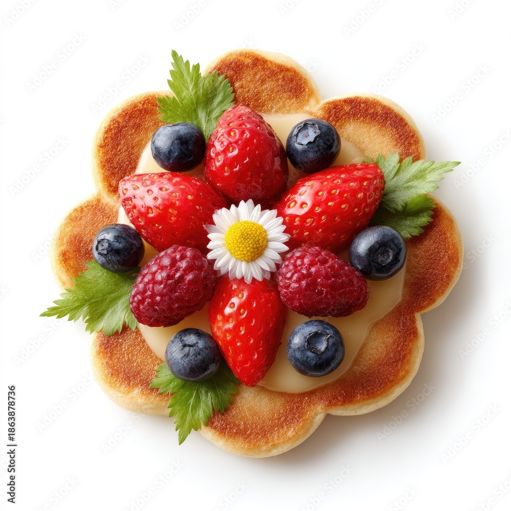 Obraz premium Vibrant Fruit Tartlet with Strawberries, Blueberries, Raspberries, and Edible Flower Garnish on a Creamy Base