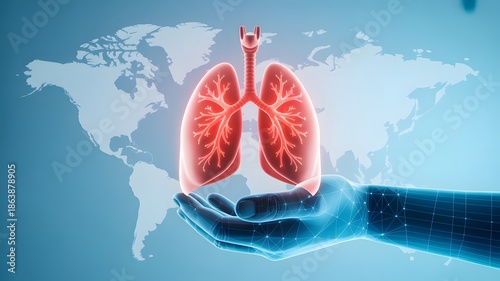 World Tuberculosis Day Medical Awareness Concept with Digital Lungs and Healthcare Hand