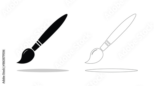 Paint Brush Silhouette and Outline Icon Set Isolated on White Background
