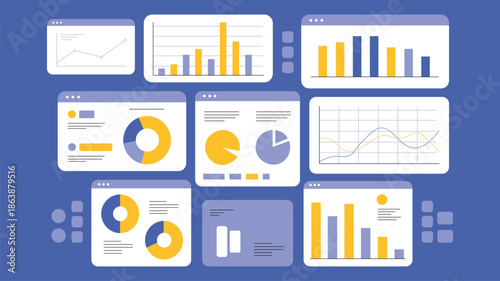 Business Analytics Dashboard with Charts, Graphs and Data Visualization Vector Set