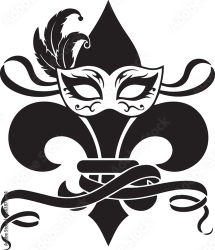 Black and white fleur de lis with masquerade mask and feathers