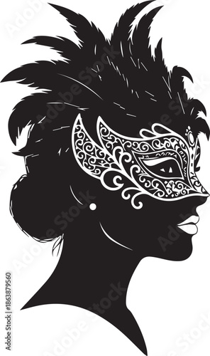 Elegant black silhouette of a woman wearing a venetian masquerade mask