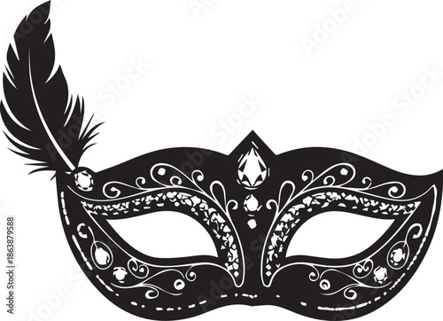 Elegant black masquerade mask with feather and jewels