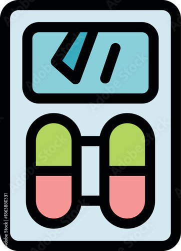 Blood glucose meter showing glucose level with test strip, icon illustration in filled outline style