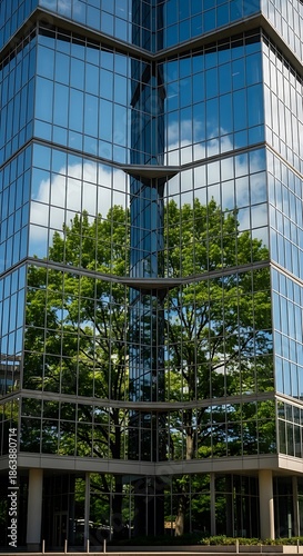 Modern glass facade reflects bright sky and lush green foliage on a sunny day