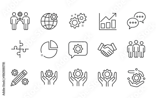 line icons collection for employees benefits showing teamwork, business strategy, handshake, people relationships, and collaboration symbols, created in minimalist vector style for professional.