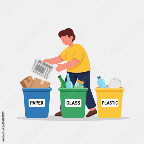 Man sorting waste into recycling bins for paper, glass, and plastic