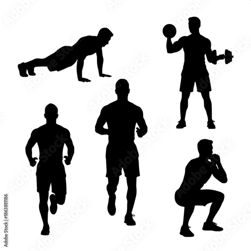 A modern fitness vector composition showing multiple workout poses, muscular male silhouettes, solid black shapes on white.