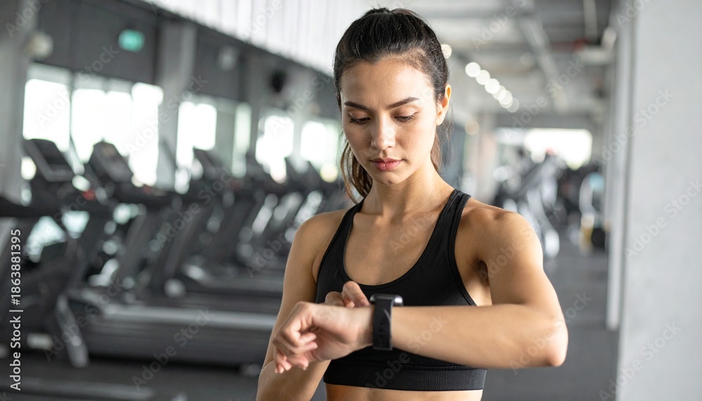 Fototapeta premium Woman in black sports bra checks smartwatch while standing in a modern gym with treadmills in the background and a neutral mood.