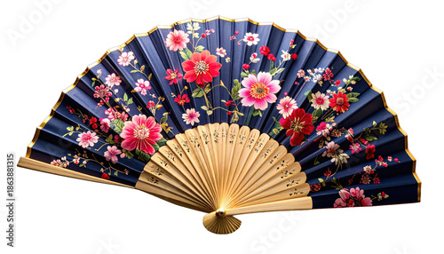 Decorative hand fan with dark blue background and colorful floral design