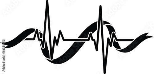 Stylized black silhouette of a dynamic electrocardiogram heartbeat tracing intertwined with a flowing victory ribbon banner design