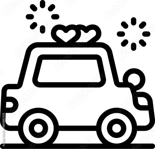 Car decorated with hearts and fireworks, representing a wedding celebration or honeymoon travel
