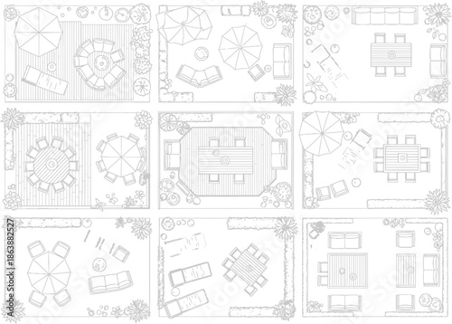 Top-down view of outdoor dining and lounge area designs