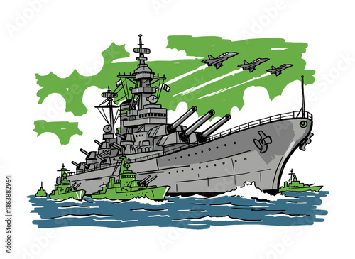 Mighty Battleship Fleet.Military Naval Convoy.Warship and Fighter Jets.Hand Drawn Naval Power.Ocean Battle Lineup