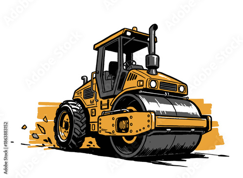 Road Roller Construction Art.Heavy Compactor Vehicle Graphic.Yellow Steamroller Graphic.Hand Drawn Roadwork Machine.Industrial Vector Equipment