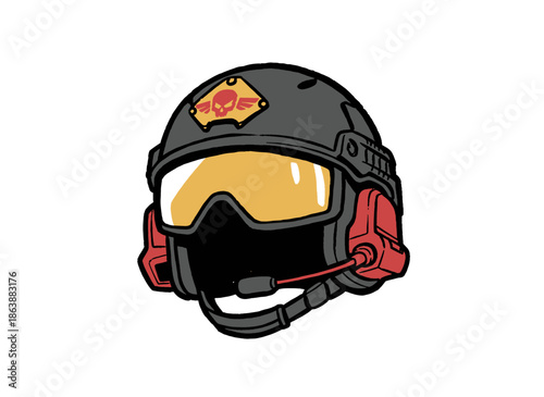 Tactical Pilot Helmet Illustration.Military Headset Sticker Design.Combat Aviator Gear Mascot.Special Forces Skull Emblem.Vector Trooper Mask Graphic