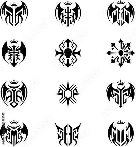 Set of Gothic Monogram Logos for Metal Band Tattoos and Dark Alternative Branding