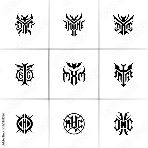 Set of Gothic Monogram Logos for Metal Band Tattoos and Dark Alternative Branding