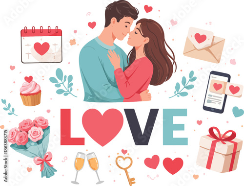 Romantic Couple with Valentine's Day Icons and Love Typography