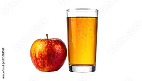 A crisp red apple and a tall glass of golden-colored juice, isolated on black