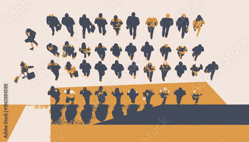 Overhead view of stylized people walking and running on a two-toned background, with minimalist design