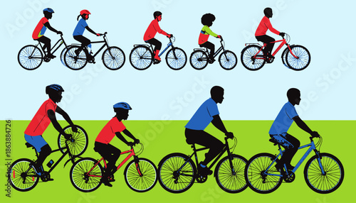 Illustration of people cycling in various colored outfits on bikes, some on grass