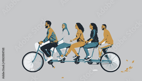 Illustration of a group of five people riding a tandem bicycle together, vector graphic style