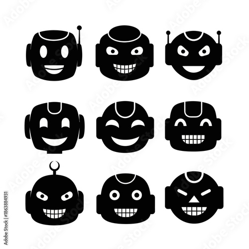 Collection of Robot Head Icons with Various Expressions.