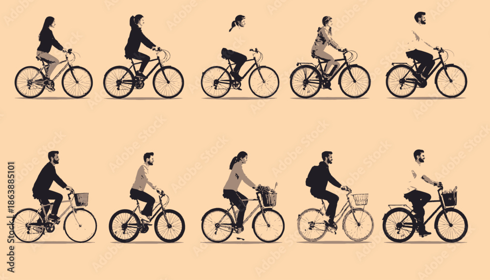 Obraz premium A collection of cyclists of various genders and styles riding bikes on a solid tan background