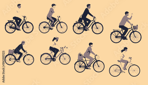 Illustration of diverse individuals cycling. Each is depicted in silhouette with a monochromatic palette