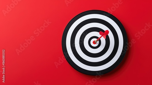 Circular dartboard with black and white concentric circles, featuring a red dart embedded in the center, symbolizing precision and focus in achieving goals and targets
