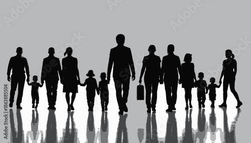 Black silhouettes of multiple people and children walking with long shadows on a reflective surface