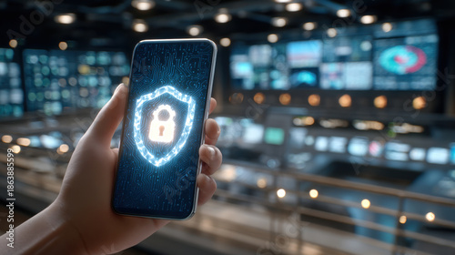 Hand holding smartphone with glowing digital shield lock icon in control room, secure technology concept
