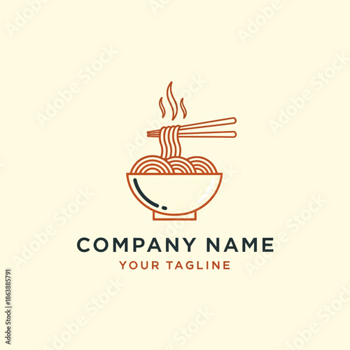 Minimalist Line Art Logo of a Bowl of Noodles with Chopsticks.