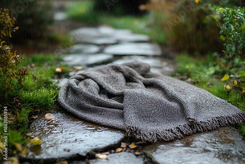 A warm wool scarf gently laid over a rustic wooden bench