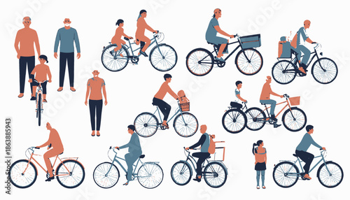 Illustration featuring people cycling and standing, various ages and attire against a white background