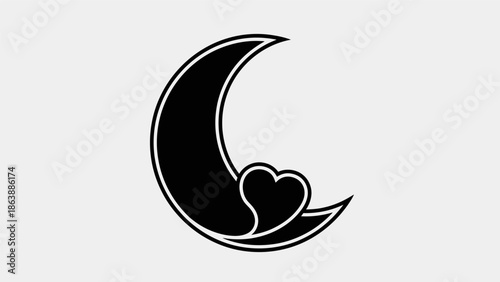 Minimalist black crescent moon and heart icon on a light gray background, representing love and night.
