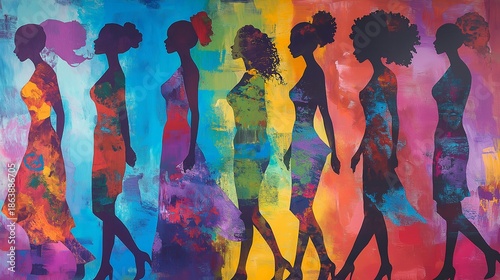 Group of women silhouette walking on colorful textured background. Abstract art illustration
