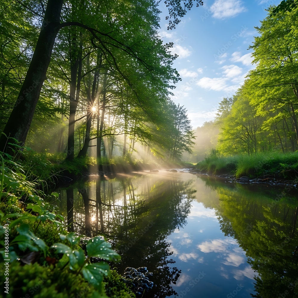 Obraz premium Sunlight Filtering Through Trees Along a Calm River in Forest.
