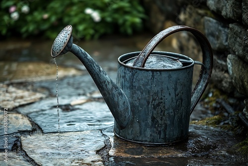 A rustic watering can positioned on a stone slab surrounded by greenery