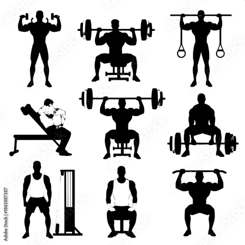 Flat vector artwork of muscular male silhouettes performing gym exercises, modern and clean design.