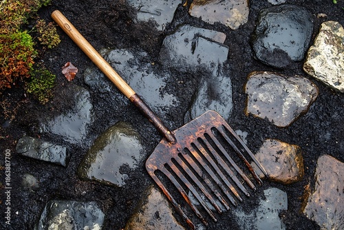 An old garden rake resting on stones amid lush garden plants