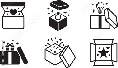 A collection of six diverse gift box icons depicting opening and surprise with a lightbulb or stars