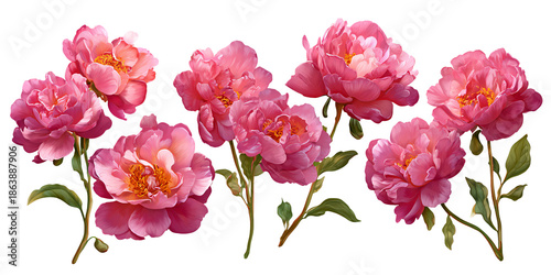 Vibrant pink peonies in full bloom, delicate petals and lush green leaves, isolated on black background Concept of spring, beauty, and nature