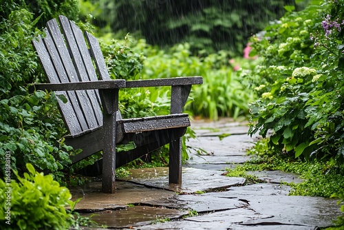 A rustic wooden garden chair resting on wet grass after rainfall