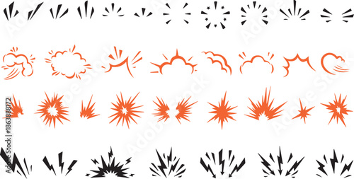 Collection of various comic book style graphic elements including bursts, explosions, and lightning bolts