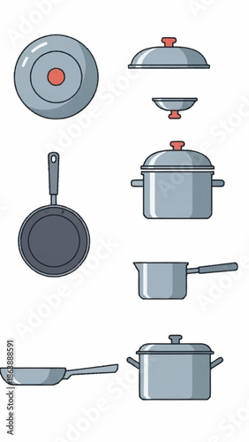 Collection of kitchen cookware and utensils in gray and red.