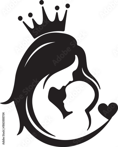 Silhouette of a mother gently holding her baby with a royal crown and a heart symbol